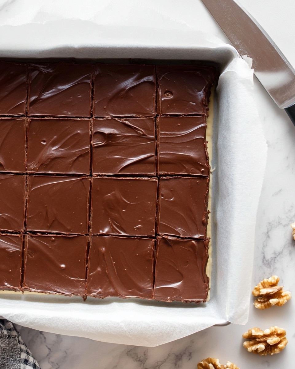 The image shows three square dessert bars stacked on a white plate set on a white marbled surface. Each bar has three visible layers: the bottom layer is dark with a coarse texture, studded with small bits of nuts and chocolate pieces; the middle layer is smooth and creamy with a light yellow color; the top layer is a shiny, thin sheet of dark chocolate with subtle swirls visible on the surface. A glass of milk blurred in the background adds a simple, cozy touch to the scene. photo taken with an iphone --ar 4:5 --v 7