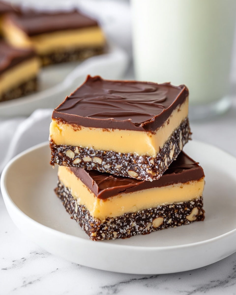 A square baking pan lined with white parchment paper holds a bar dessert cut into 12 even squares. The top layer is smooth dark brown chocolate with a slightly glossy finish, showing gentle swirls and small air bubbles on the surface. The bars have sharp edges and the parchment paper folds slightly over the edges of the dessert. The pan sits on a white marbled surface with a large knife positioned to the right side, and some walnut halves scattered near the bottom right corner. photo taken with an iphone --ar 4:5 --v 7
