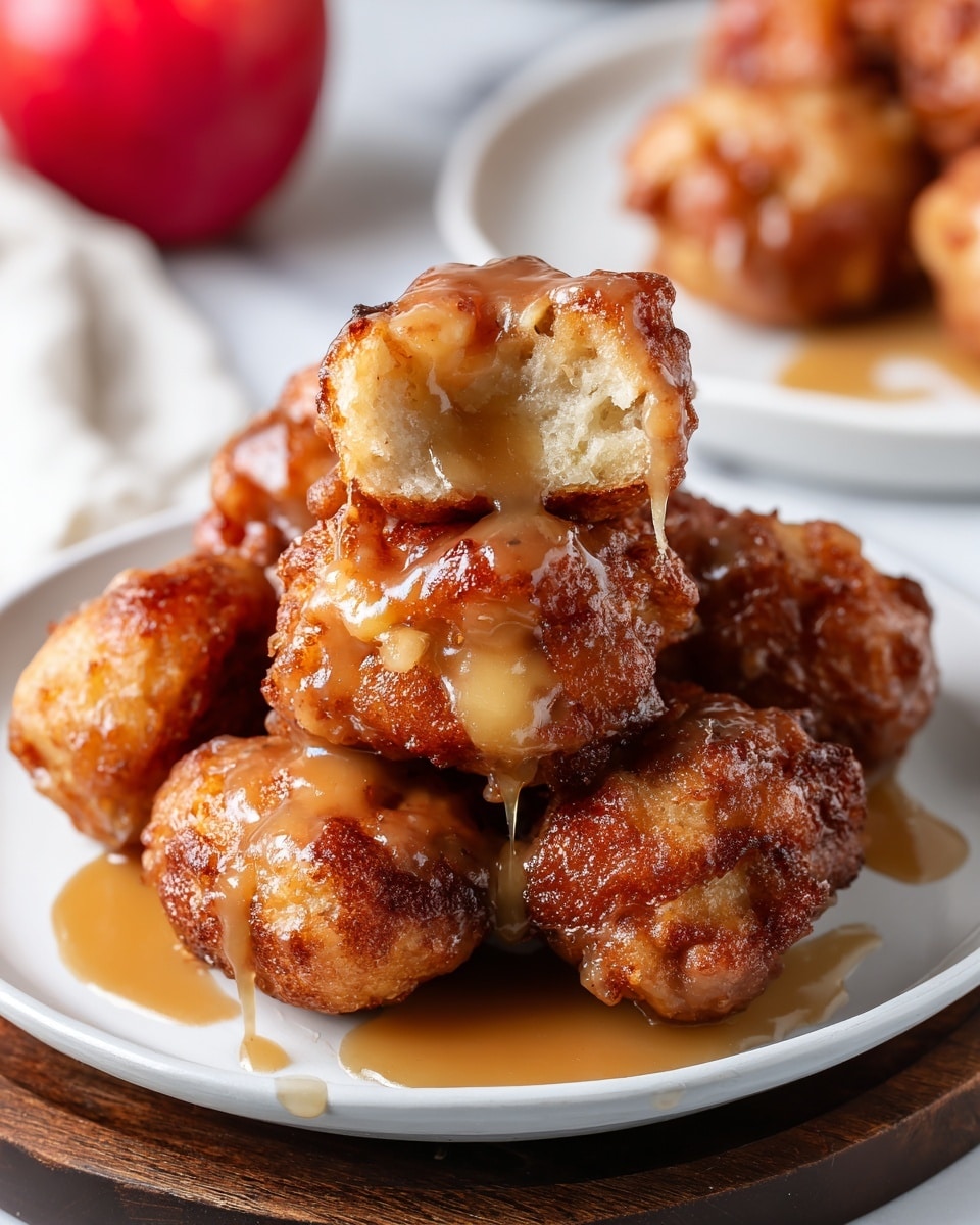 The image shows a white plate filled with about seven golden-brown fritters that have a crispy, uneven texture and are covered in a thick light brown syrup. The fritters are stacked on each other, with one in the center lifted higher, showing its soft inside with a slightly lighter, moist texture. The syrup glistens and drips slightly down the sides of the fritters, pooling on the white plate. The plate sits on a dark wooden round board placed on a white marbled surface. A whole red apple is blurred in the background next to another white plate with more fritters. Photo taken with an iphone --ar 4:5 --v 7
